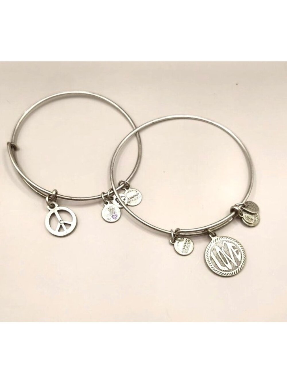 Alex And Ani Silver-Tone Charm Bangles With Peace & Love Charms Adjustable Set O